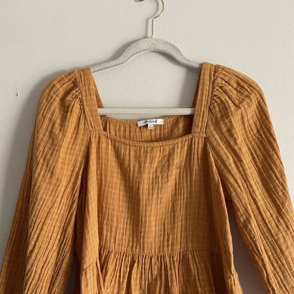 Madewell Women XS Gold Windowpane Lightspun Millbrook Puff-Sleeve Peplum Top - Picture 5 of 9